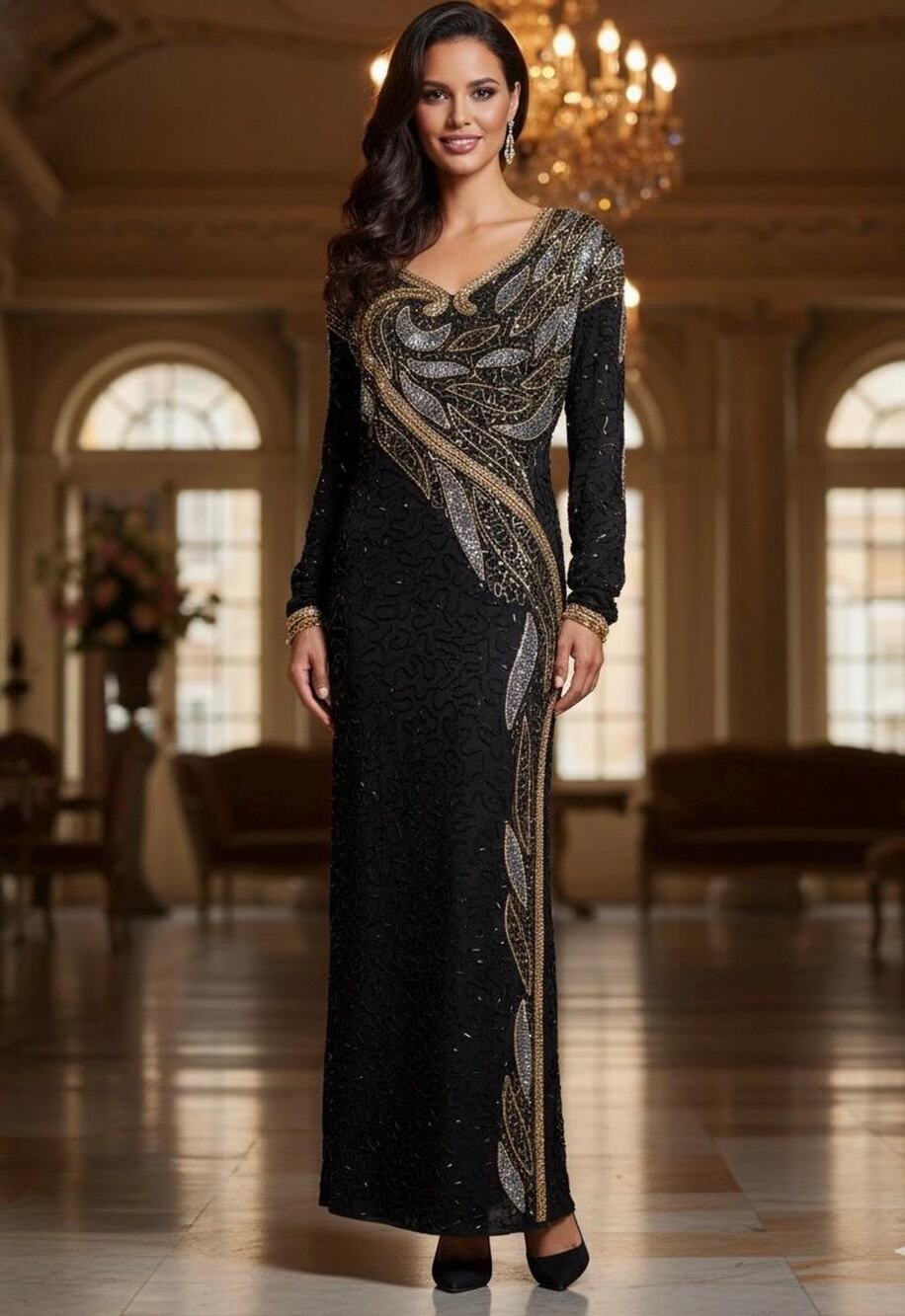 Vintage Silk Beaded Gown: Black Evening Dress with Gold & Silver Sequins